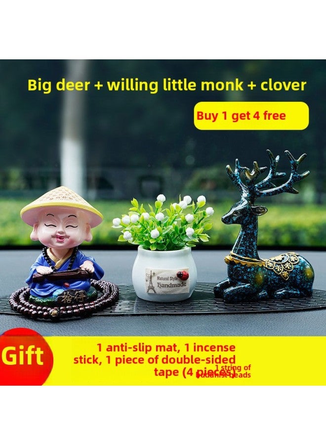 Car Cute Creative Car Car Sika Deer Car Decorations Ornaments Small Shaking Head To Guarantee Peace Monk-Color:Shaking Your Head Monk Will Bear + Auspicious Fruit + Deer + Anti-slip Mat-Scale:1:8  - Image 1