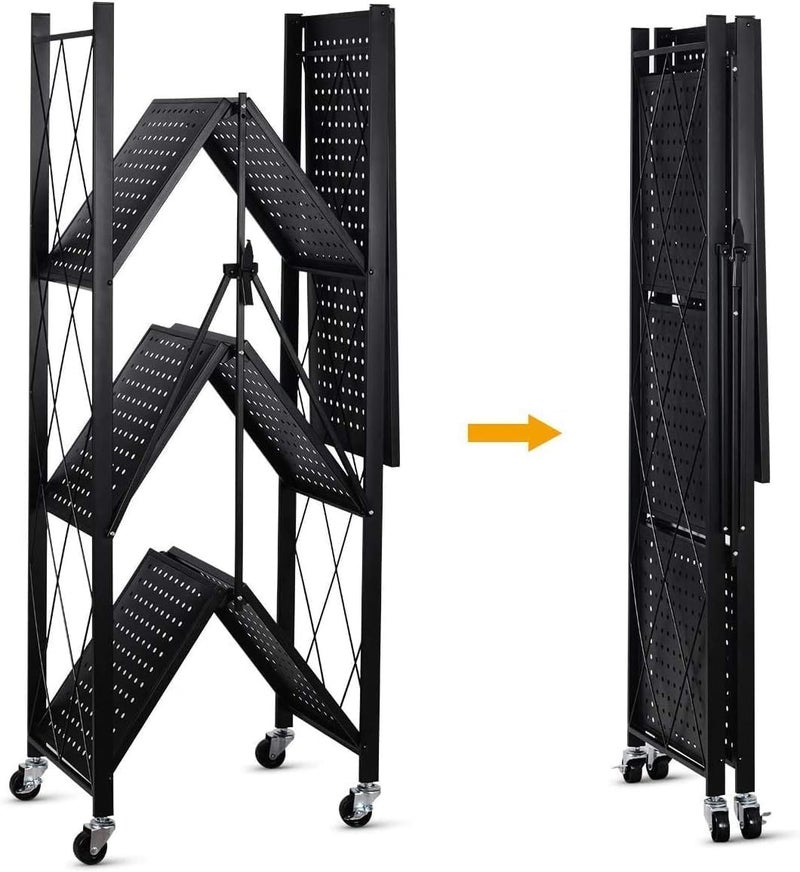 4 - Tier Foldable and Adjustable Finish Metal Storage Shelving Unit with Wheels (Black) - Image 4