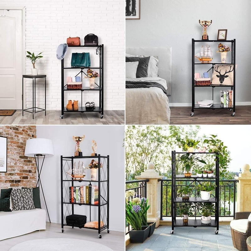 4 - Tier Foldable and Adjustable Finish Metal Storage Shelving Unit with Wheels (Black) - Image 3