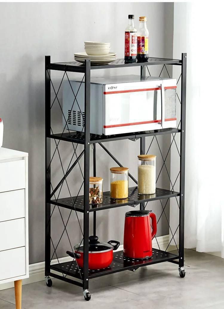 4 - Tier Foldable and Adjustable Finish Metal Storage Shelving Unit with Wheels (Black) - Image 1