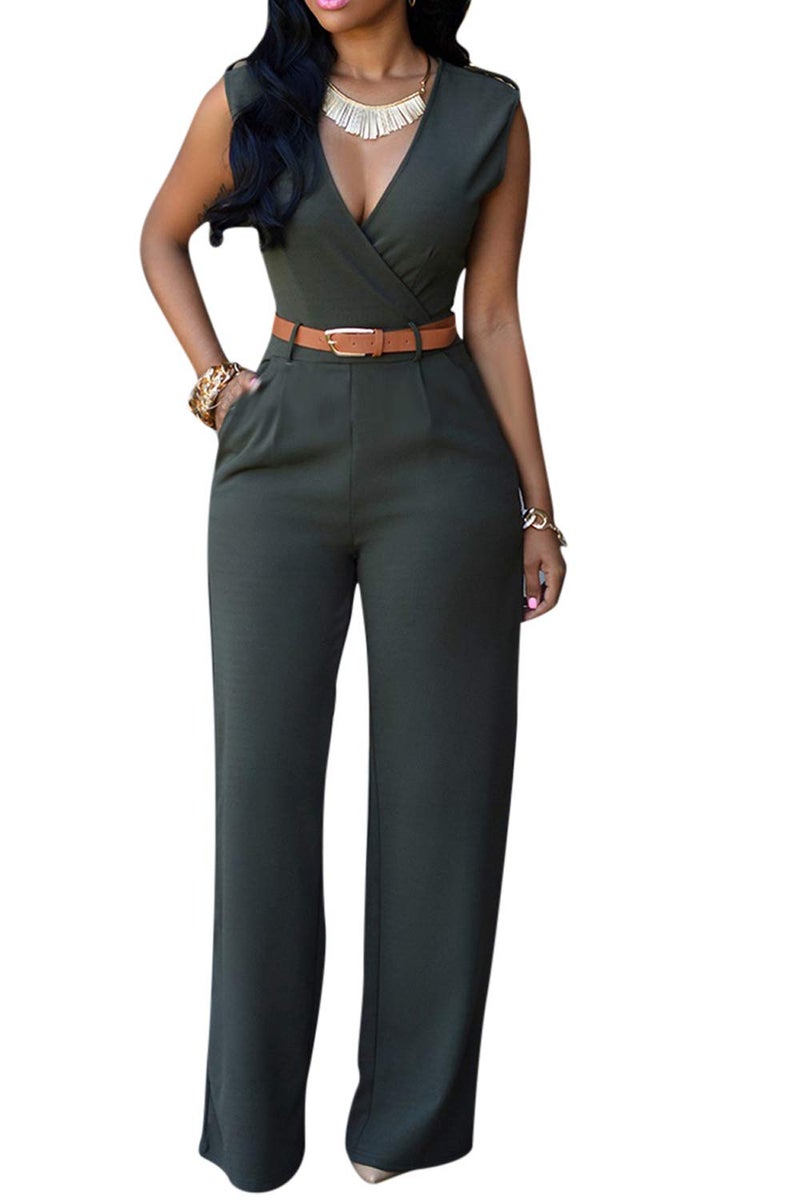 Pink Queen Women's Sleeveless Deep V Neck Wrap Long Jumpsuits Rompers Belted with Pockets Dark Green S - Image 2