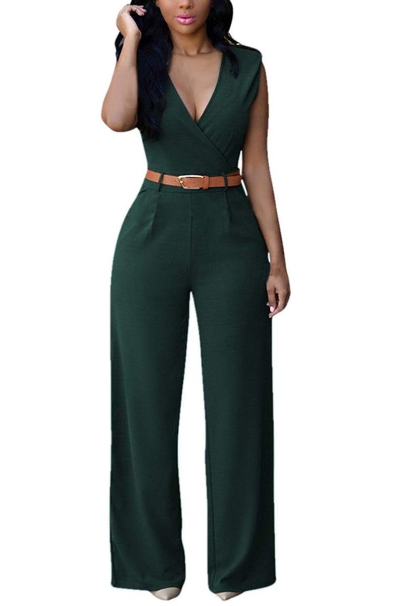Pink Queen Women's Sleeveless Deep V Neck Wrap Long Jumpsuits Rompers Belted with Pockets Dark Green S - Image 1