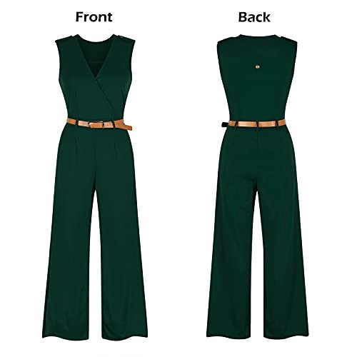 Pink Queen Women's Sleeveless Deep V Neck Wrap Long Jumpsuits Rompers Belted with Pockets Dark Green S - Image 4