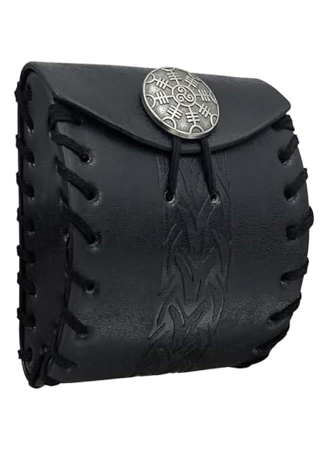 Medieval Faux Leather Mini Belt Bag, Portable Renaissance Belt Pouch, Nordic Coin Purse Dice Bag for LARP Ren Faire (Black B) - Image 1