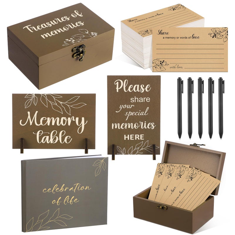 Tosstuki Celebration of Life Guest Book Share a Memory Decorations for Funeral 100 Pcs Funeral Cards 2 Wood Sign with 4 Hold 1 Keepsake Box with 5 Pen for Memorial Service(Brown,Leaf) - Image 1