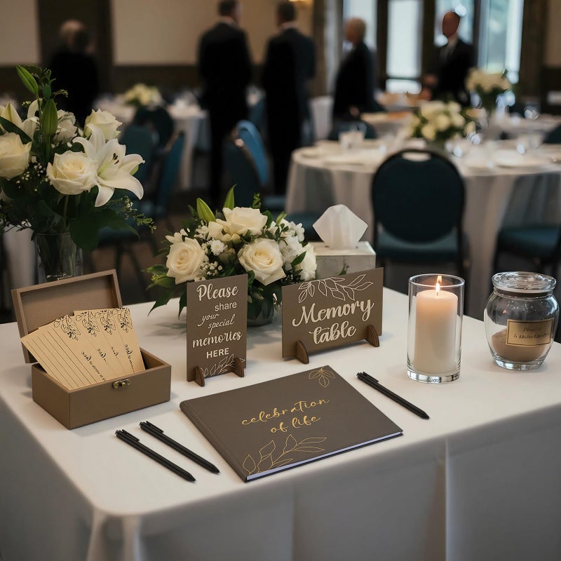 Tosstuki Celebration of Life Guest Book Share a Memory Decorations for Funeral 100 Pcs Funeral Cards 2 Wood Sign with 4 Hold 1 Keepsake Box with 5 Pen for Memorial Service(Brown,Leaf) - Image 3