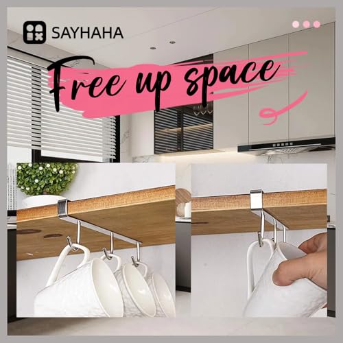 SAYHAHA Mug Hooks Under Cabinet , 304 Stainless Steel Cup Hooks for Hanging Under Shelf, Mug Organizer Rack with 9 Hooks for Displaying Mugs, Coffee Cups and Kitchen Utensils,Fit for 0.8" or Less thickness - Image 2