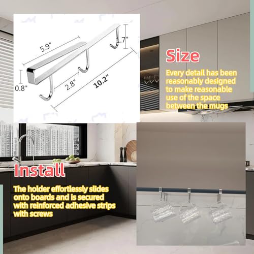 SAYHAHA Mug Hooks Under Cabinet , 304 Stainless Steel Cup Hooks for Hanging Under Shelf, Mug Organizer Rack with 9 Hooks for Displaying Mugs, Coffee Cups and Kitchen Utensils,Fit for 0.8" or Less thickness - Image 5