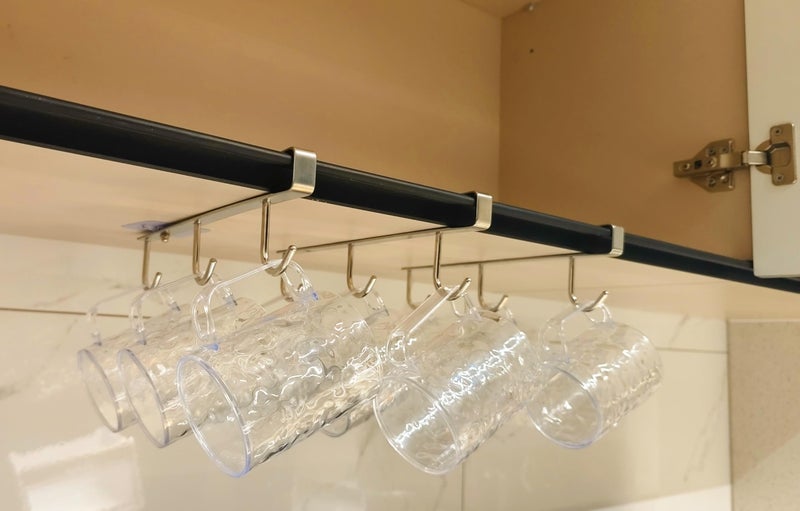 SAYHAHA Mug Hooks Under Cabinet , 304 Stainless Steel Cup Hooks for Hanging Under Shelf, Mug Organizer Rack with 9 Hooks for Displaying Mugs, Coffee Cups and Kitchen Utensils,Fit for 0.8" or Less thickness - Image 1