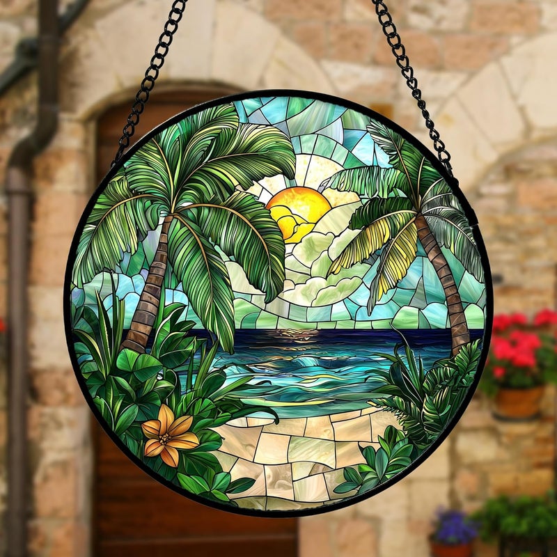 DASTOLL Stained Glass Window Hanging, Green Beach Scenery Suncatcher Diamond Glass Panel Hangings Sun Catchers Decor for Birthday for Women, Men, Wife, Aunt, and Mom 11.8x11.8 in - Image 2