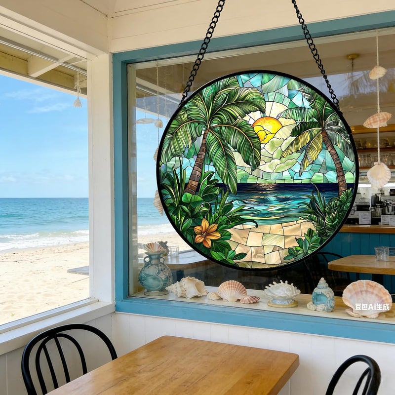 DASTOLL Stained Glass Window Hanging, Green Beach Scenery Suncatcher Diamond Glass Panel Hangings Sun Catchers Decor for Birthday for Women, Men, Wife, Aunt, and Mom 11.8x11.8 in - Image 5