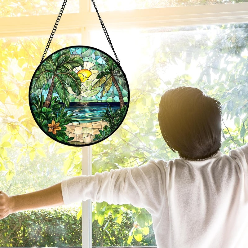 DASTOLL Stained Glass Window Hanging, Green Beach Scenery Suncatcher Diamond Glass Panel Hangings Sun Catchers Decor for Birthday for Women, Men, Wife, Aunt, and Mom 11.8x11.8 in - Image 4