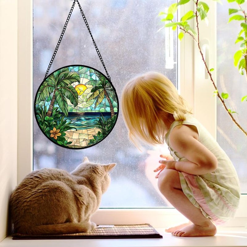 DASTOLL Stained Glass Window Hanging, Green Beach Scenery Suncatcher Diamond Glass Panel Hangings Sun Catchers Decor for Birthday for Women, Men, Wife, Aunt, and Mom 11.8x11.8 in - Image 3
