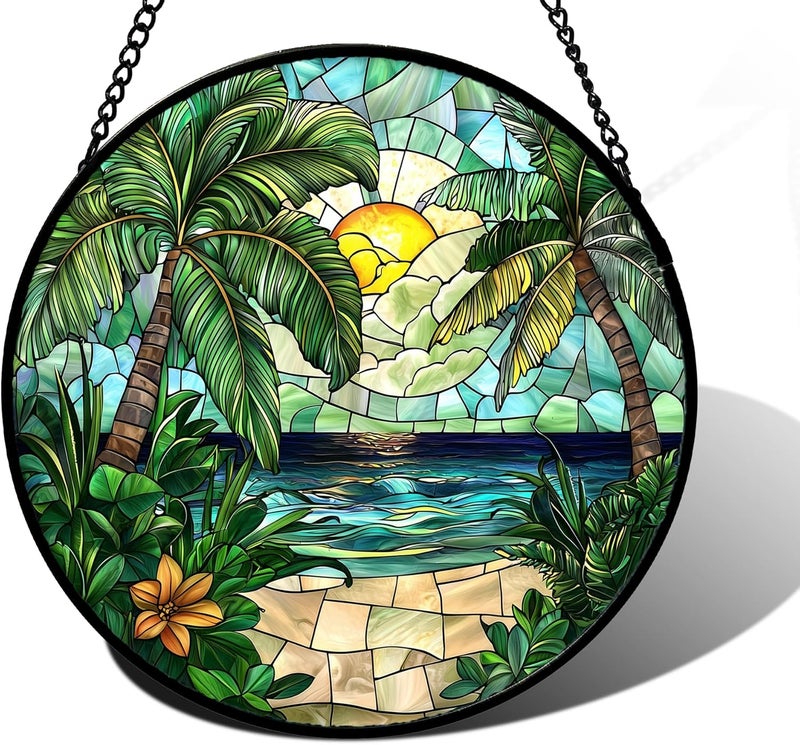 DASTOLL Stained Glass Window Hanging, Green Beach Scenery Suncatcher Diamond Glass Panel Hangings Sun Catchers Decor for Birthday for Women, Men, Wife, Aunt, and Mom 11.8x11.8 in - Image 1