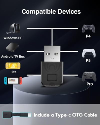 AOLION Bluetooth Adapter for PS4/PS5/Switch, Wireless Controller Adapter, Compatible with PS4, PS5, Switch, Windows PC, Android TV Box, Steam - Image 2