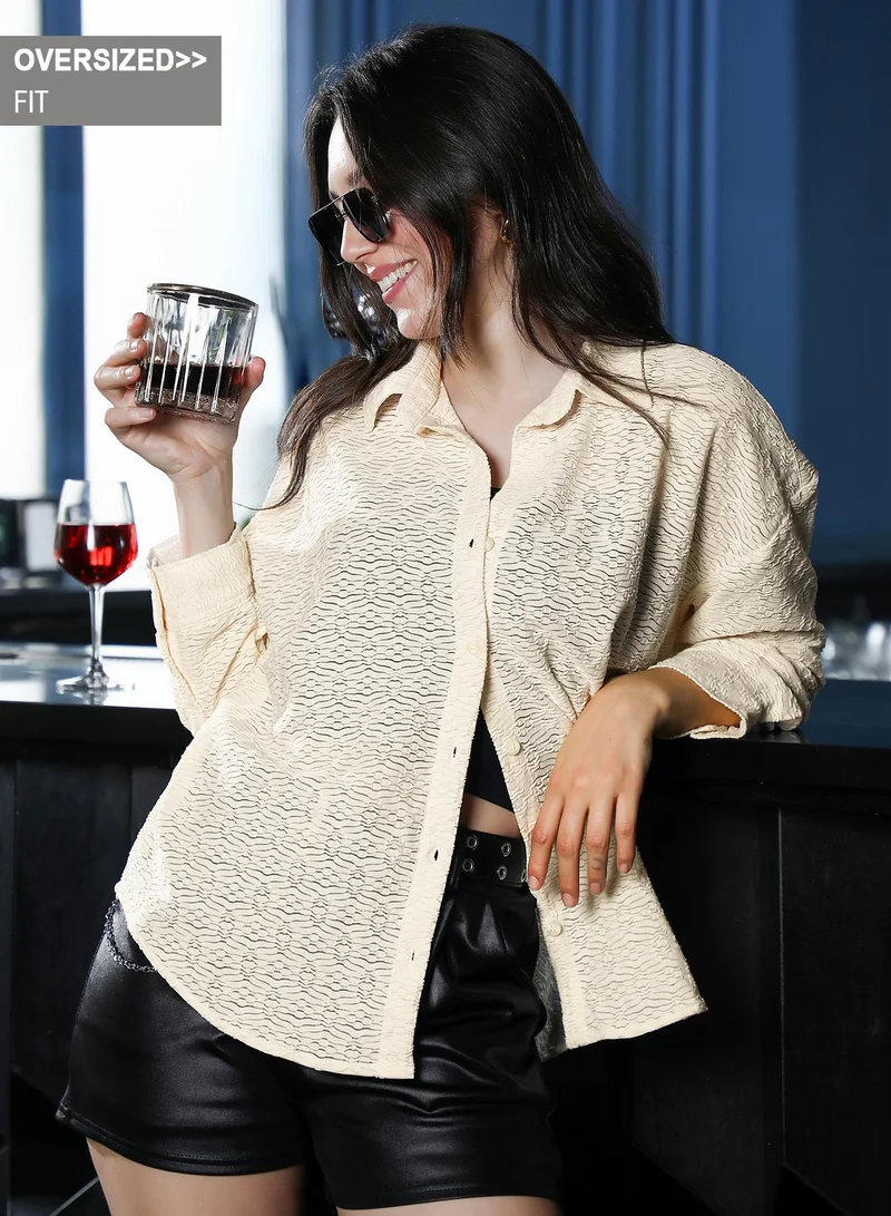 PINACOLADA Women's Dunes-Tactile Oversized Shirt | Spread Collar , Long Button-Cuff Sleeves, Button Closure | Solid Textured Woven Shirt For Casual & Daily Wear | Off-White