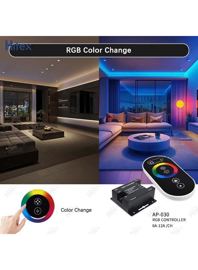 هيتكس وحدة تحكم LED من سلسلة HITEX Touch - باهتة شريط إضاءة LED RGB - جهاز تحكم عن بعد RF بطول 20 مترًا، تحكم باللمس، تيار مستمر 12-24 فولت، خرج أقصى 18 أمبير، 432 واط كحد أقصى، تركيب سهل - Image 5