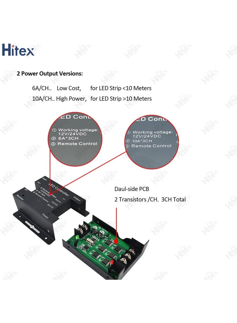 هيتكس وحدة تحكم LED من سلسلة HITEX Touch - باهتة شريط إضاءة LED RGB - جهاز تحكم عن بعد RF بطول 20 مترًا، تحكم باللمس، تيار مستمر 12-24 فولت، خرج أقصى 18 أمبير، 432 واط كحد أقصى، تركيب سهل - Image 4