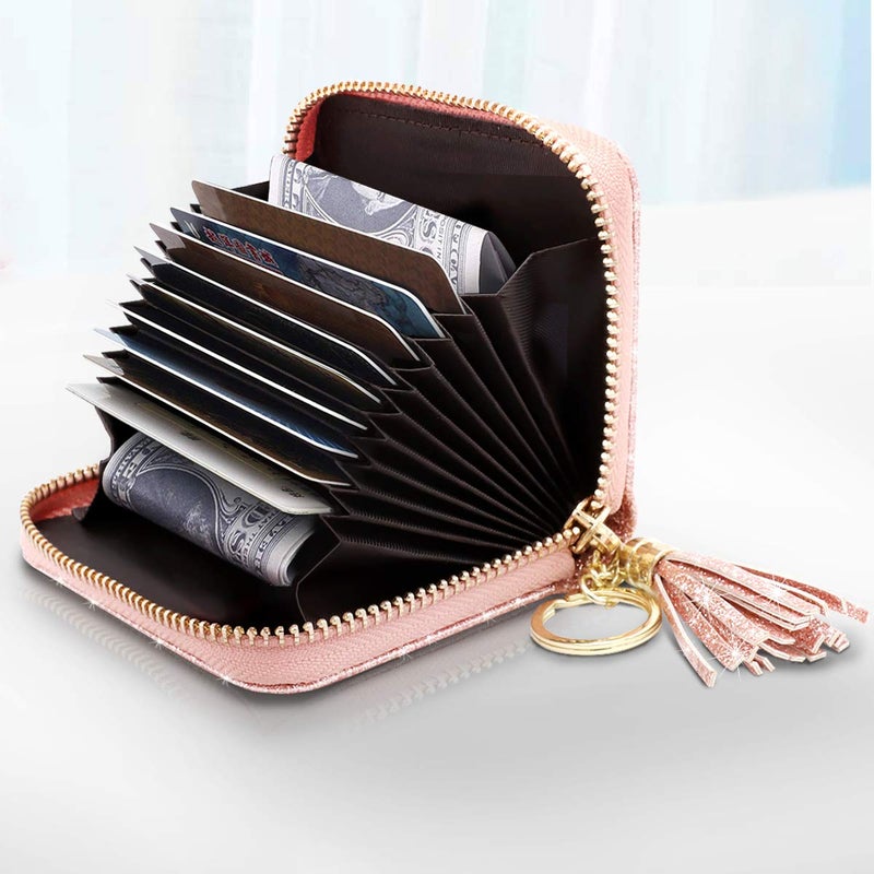 Coco Rossi Women Small Credit Card Wallet RFID Glitter Bling Cute Accordion Card Holder with Zipper Pink - Image 2