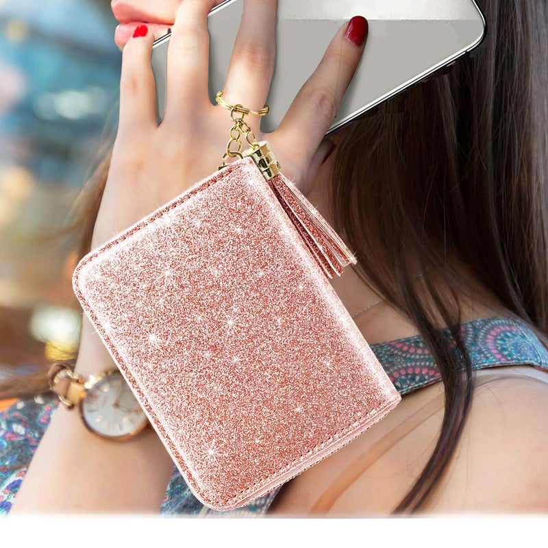 Coco Rossi Women Small Credit Card Wallet RFID Glitter Bling Cute Accordion Card Holder with Zipper Pink - Image 4