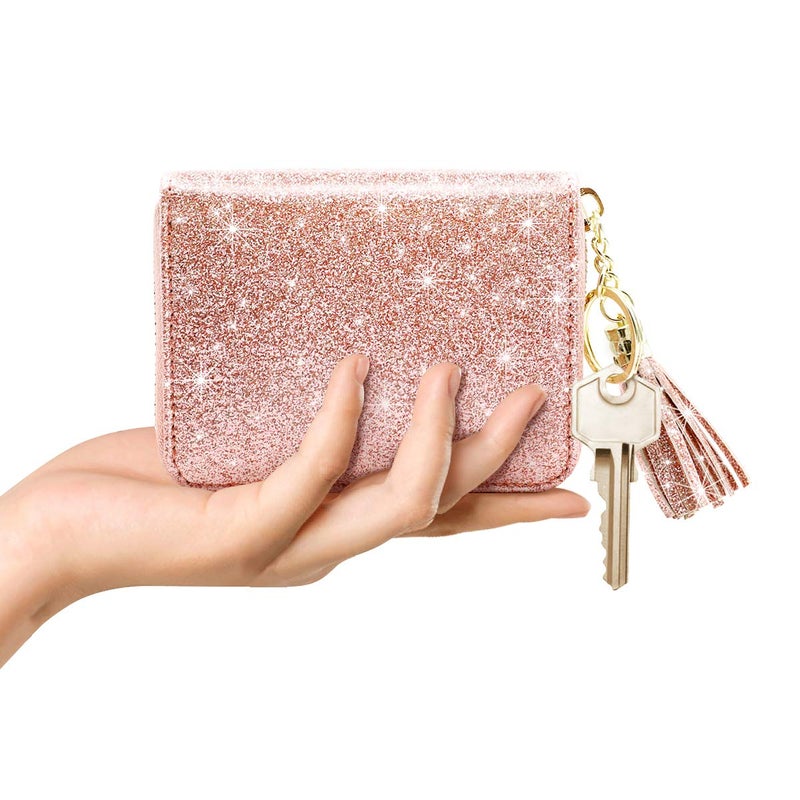 Coco Rossi Women Small Credit Card Wallet RFID Glitter Bling Cute Accordion Card Holder with Zipper Pink - Image 3