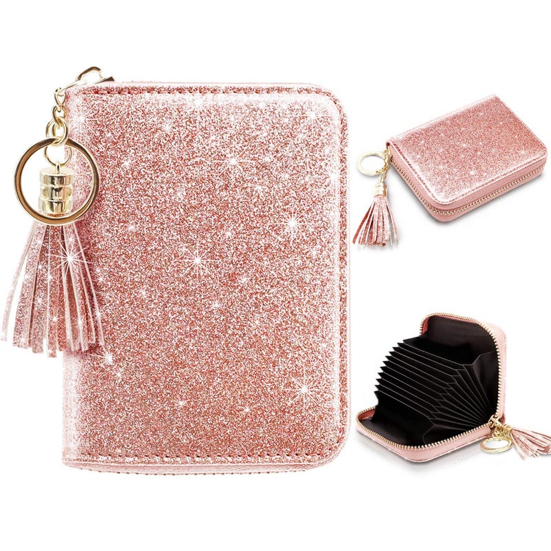 Coco Rossi Women Small Credit Card Wallet RFID Glitter Bling Cute Accordion Card Holder with Zipper Pink - Image 1