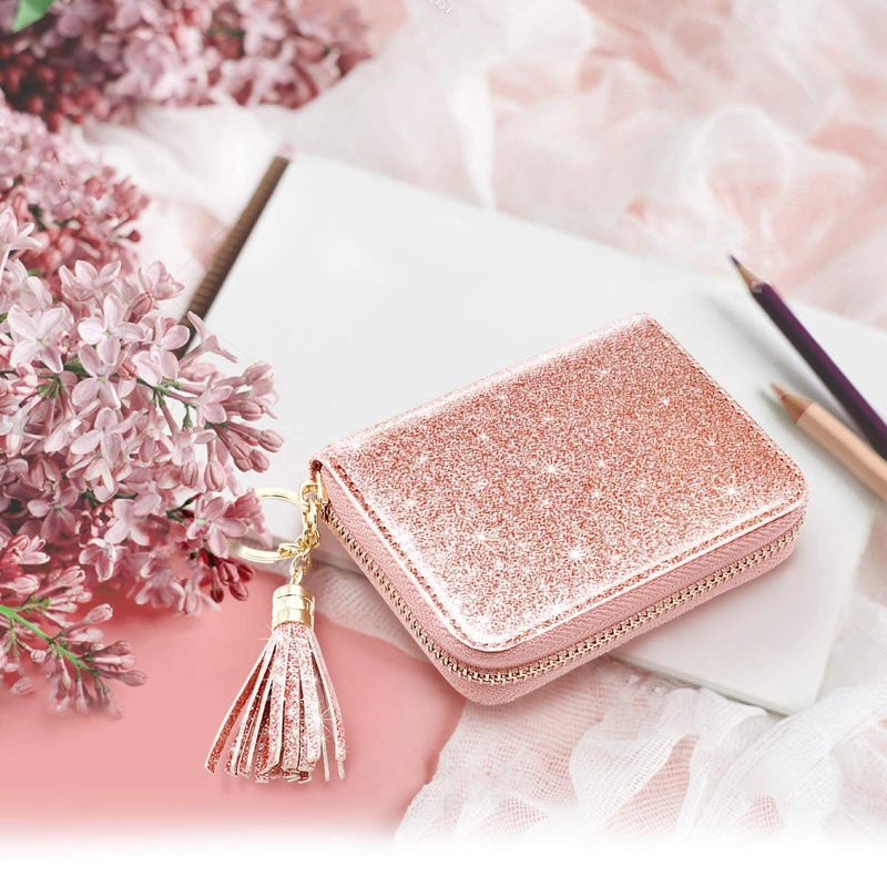 Coco Rossi Women Small Credit Card Wallet RFID Glitter Bling Cute Accordion Card Holder with Zipper Pink - Image 5