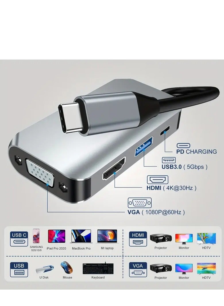 McDou 4-in-1 USB C to HDMI VGA Adapter, USB-C Hub Multi-Port Conversion Docking Station with 4K HDMI, 1080P VGA, USB3.0, USB-C PD Charging Ports, Compatible with MacBook Pro/ Air, iPad Pro, etc.  - Image 1