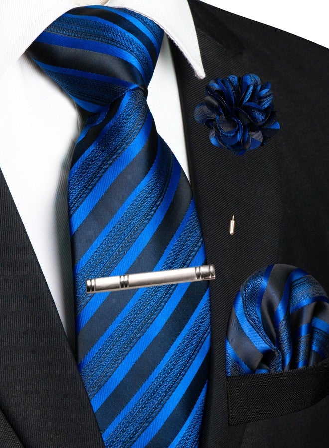 RBOCOTT Mens Royal Blue Stripe Tie Woven Necktie Pocket Square and Lapel Pin with Tie Clip Set for Business(7) - Image 2