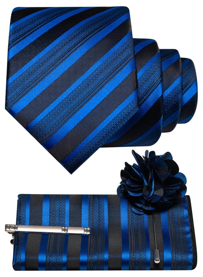 RBOCOTT Mens Royal Blue Stripe Tie Woven Necktie Pocket Square and Lapel Pin with Tie Clip Set for Business(7) - Image 1