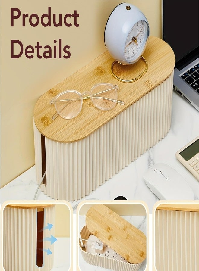 Soko Cable Management Box with Bamboo Lid | Cords Hider & Surge Protector | Concealer for Power Strips, Router, TV, Gadget Wires Storage Organiser Tray for Desk, Table - Home, Office - Off-White - Image 4
