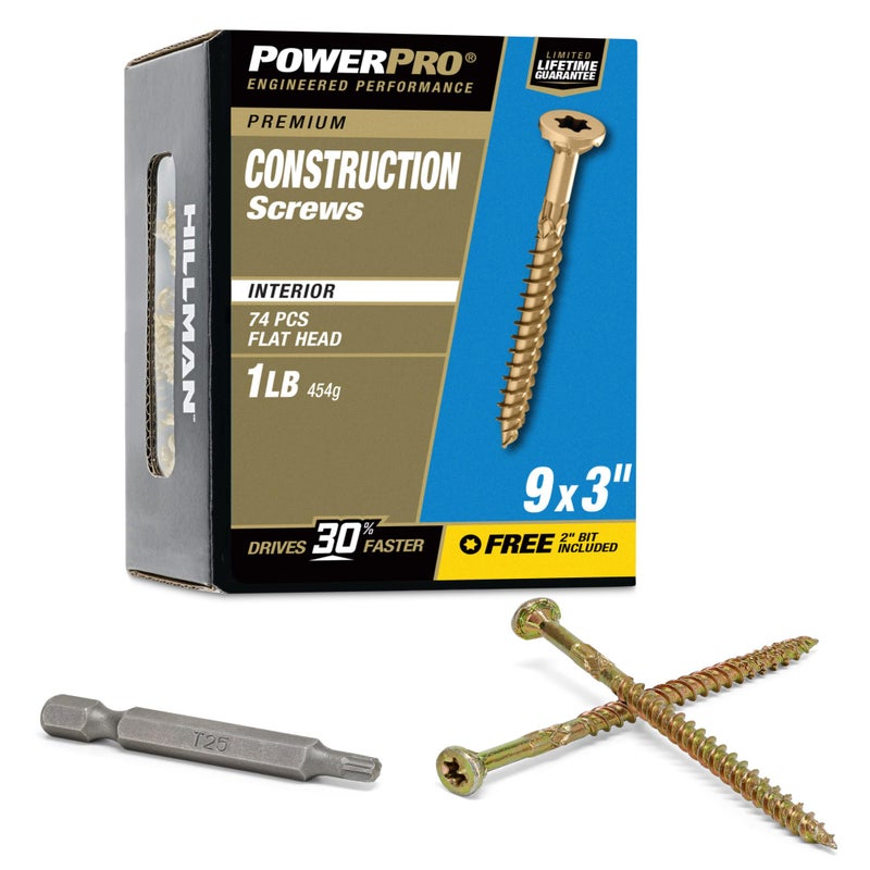 Power Pro 48584 Wood Screws 9 x 3 Premium Star Drive Indoor Cabinet Screws Gold Yellow Zinc 1lb Box