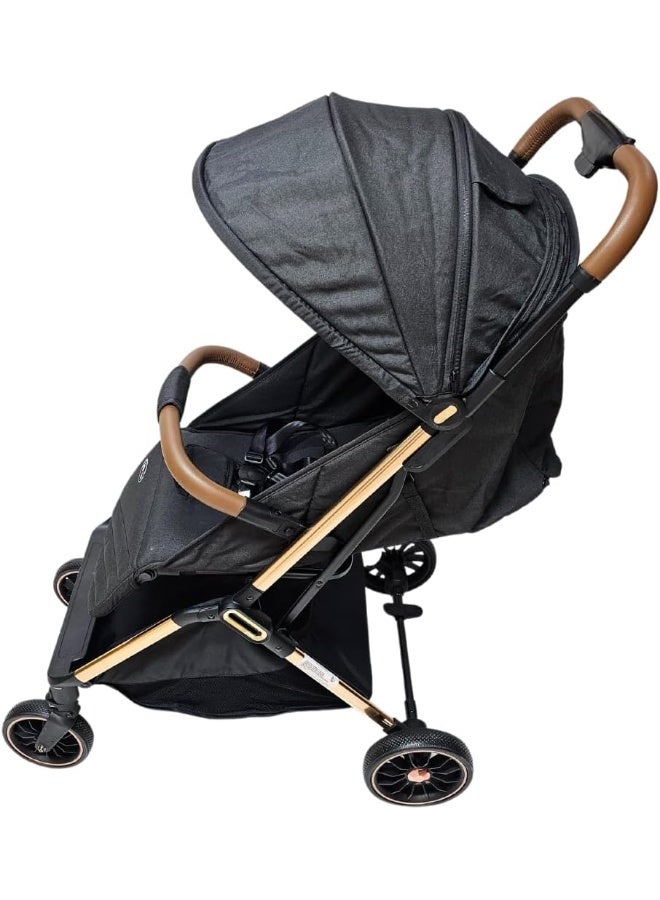 اس ام ار كيدز عربة أطفال خفيفة الوزن قابلة للطي – تصميم فاخر بإطار ذهبي، مظلة واسعة، حزام أمان 5 نقاط، مناسبة من عمر الولادة حتى 3 سنوات – سهلة الطي والتنقل - 70 × 108 × 54 اسود - Image 4