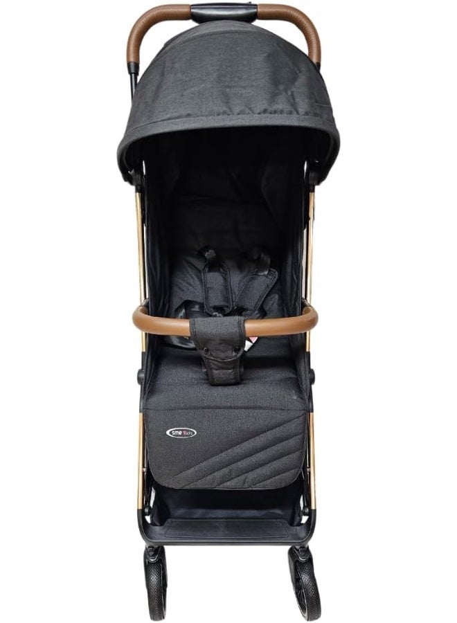 اس ام ار كيدز عربة أطفال خفيفة الوزن قابلة للطي – تصميم فاخر بإطار ذهبي، مظلة واسعة، حزام أمان 5 نقاط، مناسبة من عمر الولادة حتى 3 سنوات – سهلة الطي والتنقل - 70 × 108 × 54 اسود - Image 5