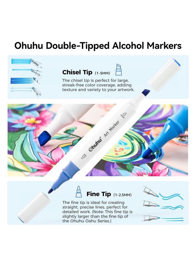 Ohuhu Markers، مجموعة أقلام ماركر كحولية مزدوجة الطرف بـ 48 لون، أقلام ماركر فنية كحولية للأطفال والبالغين، مجموعة قيمة رائعة لفصل فنون الطلاب، تصميم قبضة أفضل - Image 2