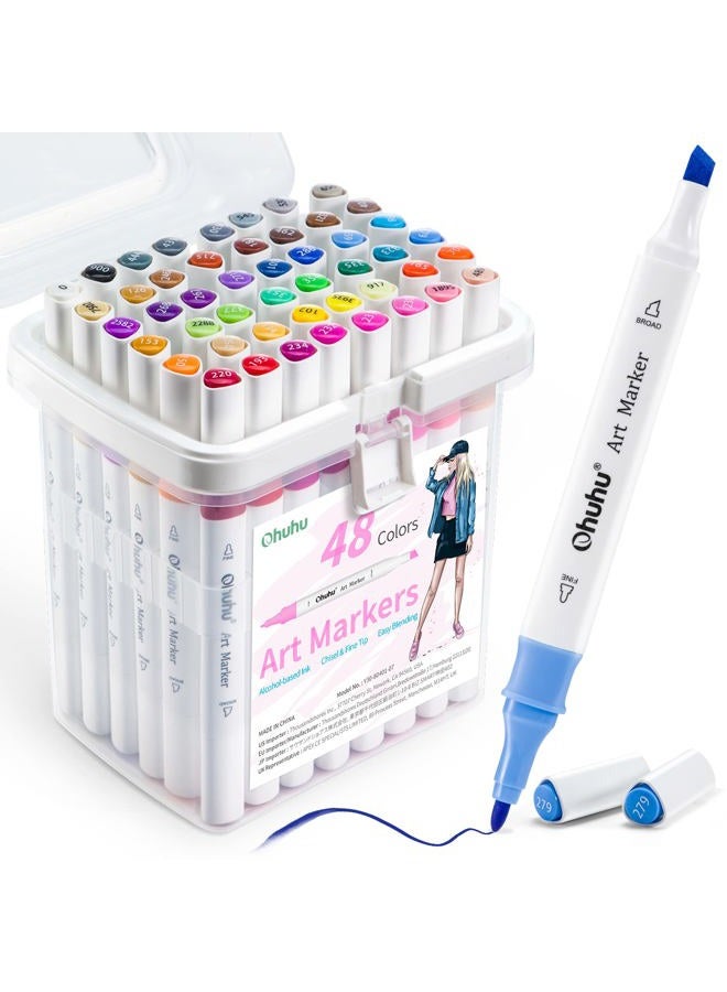 Ohuhu Markers، مجموعة أقلام ماركر كحولية مزدوجة الطرف بـ 48 لون، أقلام ماركر فنية كحولية للأطفال والبالغين، مجموعة قيمة رائعة لفصل فنون الطلاب، تصميم قبضة أفضل - Image 1