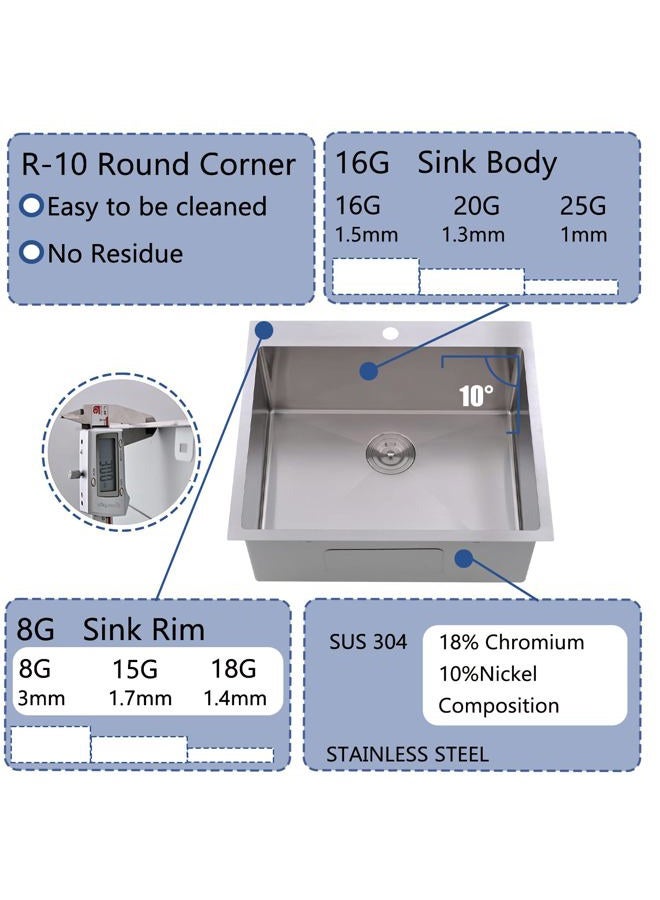 VALISY 25 x 22 x 10 Inch Topmount 16 Gauge Stainless Steel Extra-thick Drop In Brushed Nickel Single Bowl Kitchen Sink, Dish Grid and Basket Strainer Included - Image 2