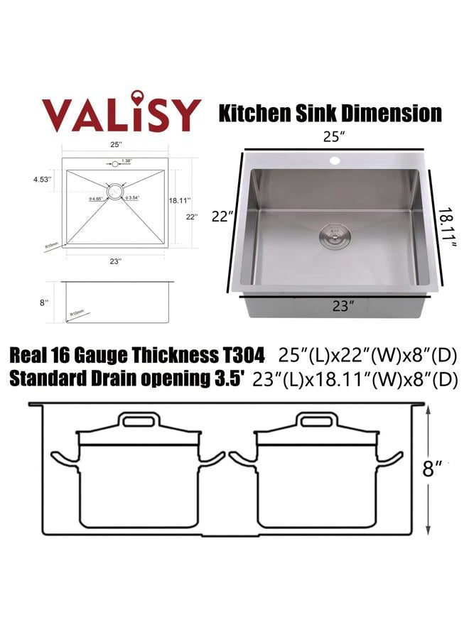 VALISY 25 x 22 x 10 Inch Topmount 16 Gauge Stainless Steel Extra-thick Drop In Brushed Nickel Single Bowl Kitchen Sink, Dish Grid and Basket Strainer Included - Image 5