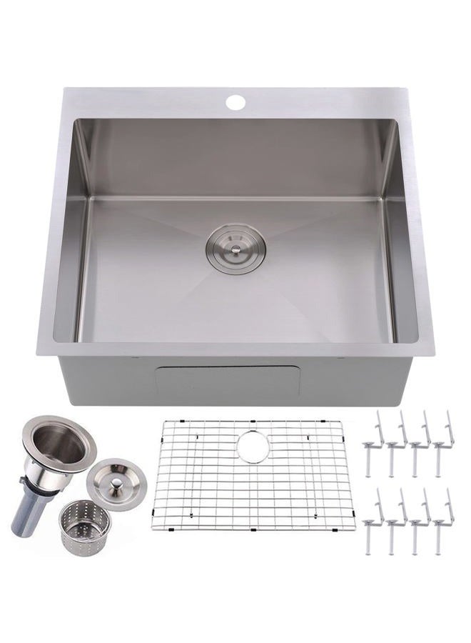 VALISY 25 x 22 x 10 Inch Topmount 16 Gauge Stainless Steel Extra-thick Drop In Brushed Nickel Single Bowl Kitchen Sink, Dish Grid and Basket Strainer Included - Image 1