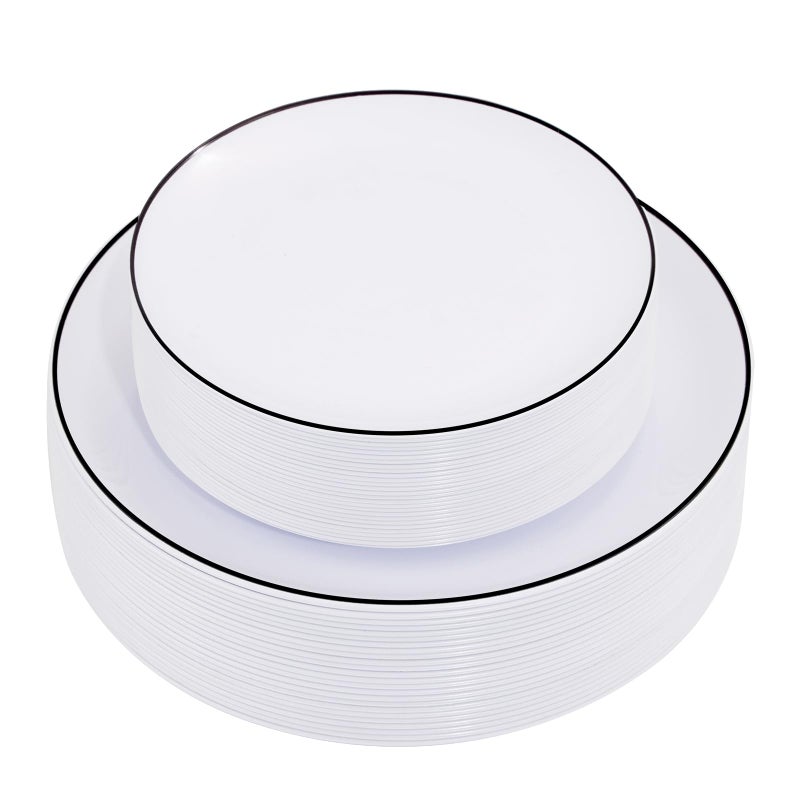 EI 100pcs White and Black Disposable Plates for PartyWhite Plastic Dinner Plates with Black Rim DisposablePlastic Dessert Plate for WeddingFamily GatheringPartyAfternoon Tea Business Event