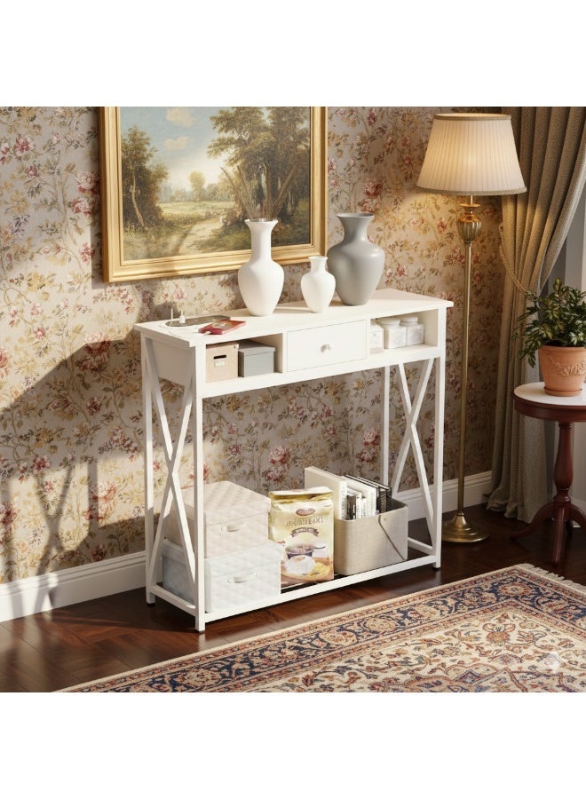 طاولة كونسول للمدخل مع خزانة، طاولة مميزة لغرفة المعيشة وغرفة النوم 100×30×90 سم مع قاعدة شحن، طاولة قهوة عصرية مع رف تخزين وأدراج ومخرج طاقة، أبيض - Image 1