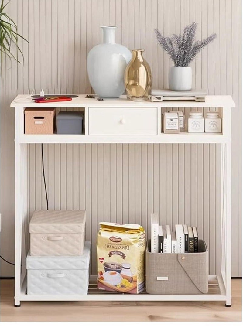 طاولة كونسول للمدخل مع خزانة، طاولة مميزة لغرفة المعيشة وغرفة النوم 100×30×90 سم مع قاعدة شحن، طاولة قهوة عصرية مع رف تخزين وأدراج ومخرج طاقة، أبيض - Image 2
