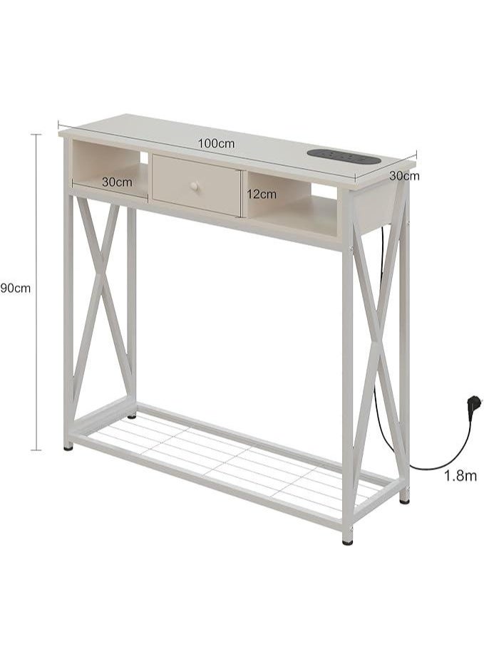 طاولة كونسول للمدخل مع خزانة، طاولة مميزة لغرفة المعيشة وغرفة النوم 100×30×90 سم مع قاعدة شحن، طاولة قهوة عصرية مع رف تخزين وأدراج ومخرج طاقة، أبيض - Image 5