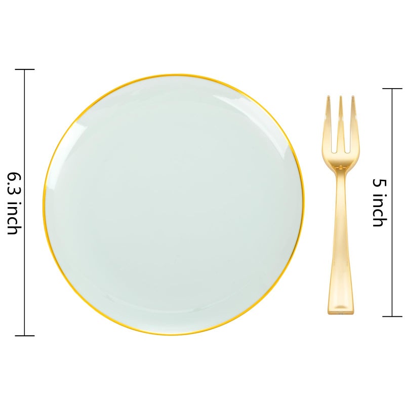 Festiva 200Pcs Pale Sage Green Gold Cake Plates 6.3" with Plastic Forks 5"- Disposable Salad Plates-Green Dessert Plates-Appetizer Plastic Plates - include 100Plates 100Forks for Party&Wedding&Easter - Image 2