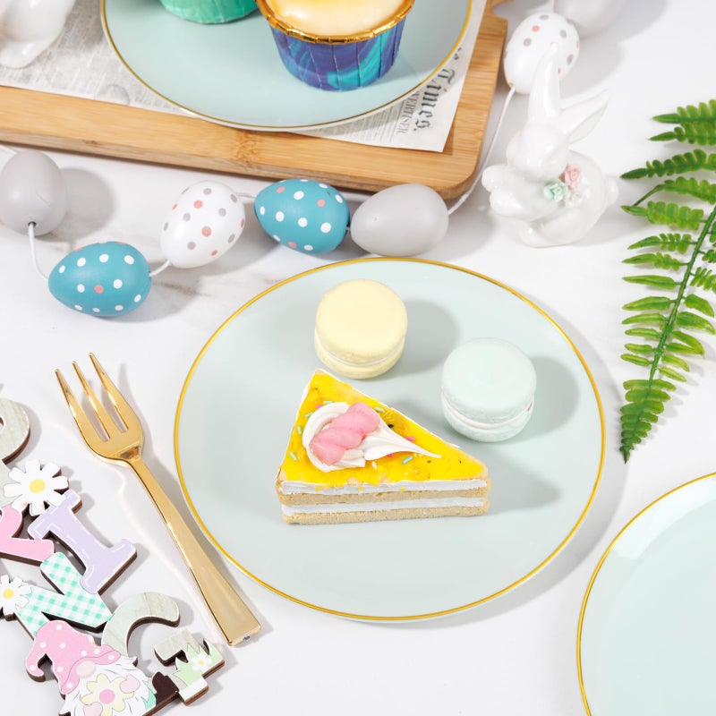 Festiva 200Pcs Pale Sage Green Gold Cake Plates 6.3" with Plastic Forks 5"- Disposable Salad Plates-Green Dessert Plates-Appetizer Plastic Plates - include 100Plates 100Forks for Party&Wedding&Easter - Image 5