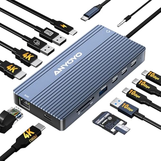 ANYOYO USB C DOCKING STATION DUAL MONITOR HDMI DISPLAY ADAPTERÏ¼Œ14-IN-1 USB C HUB SUPPORT USB C VIDEO&DATE OUT,USB MULTIPORT ADAPTER WITH 3*USB DATA TRANSFER PORT,PD,ETHERNET,SD/TF,AUDIO - Image 1