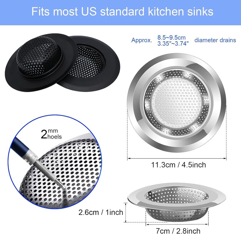 V-TOP Kitchen Sink Drain Strainer, 4 Pack Stainless Steel and Black Mesh Sink Strainer for Kitchen with Large Wide Rim 4.5" Diameter, Sink Filter Strainer with 3" Basket Sink Food Catcher - Image 2