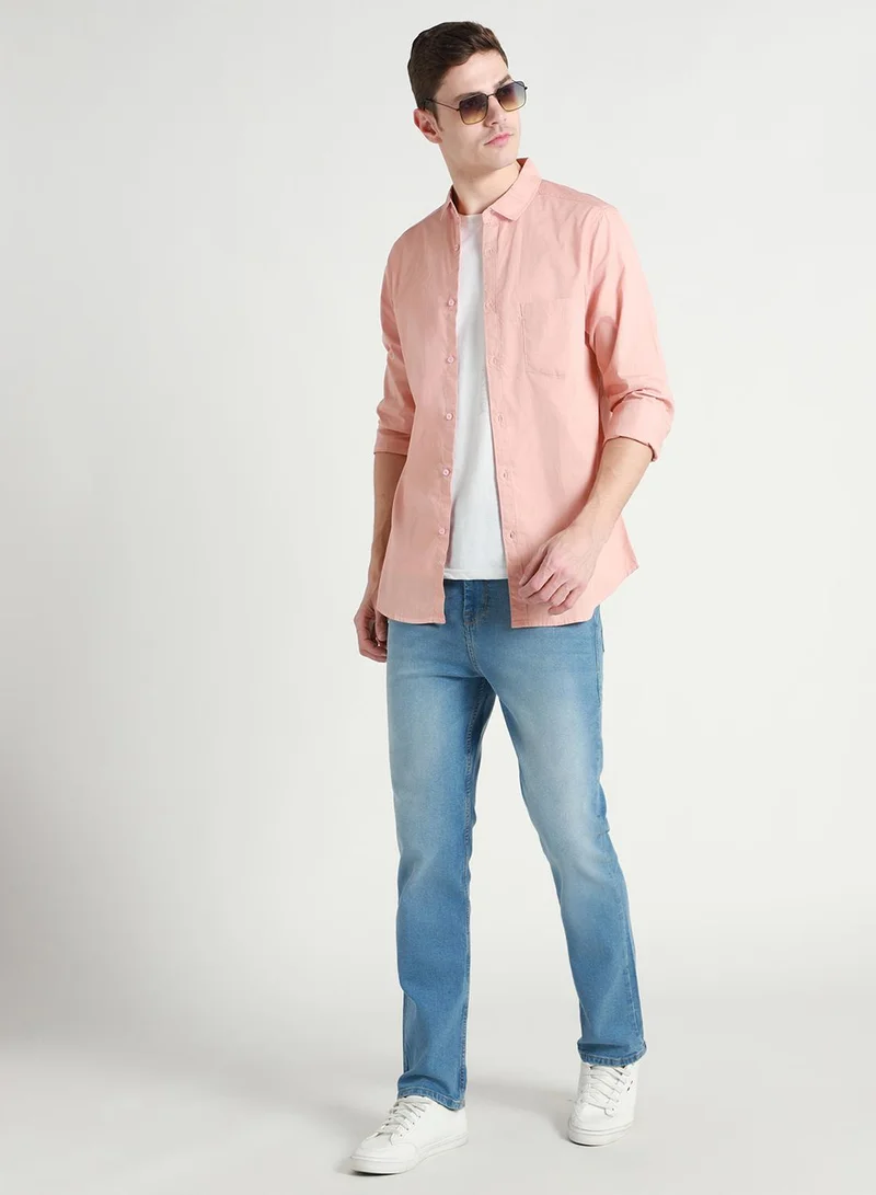 Dennis Lingo Men's Mid Blue 100% Cotton Solid Pattern Full Length Straight Fit Jeans