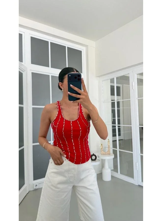 Red ZR Model Stone-Studded Riveted Tank Top GAUS-01747.