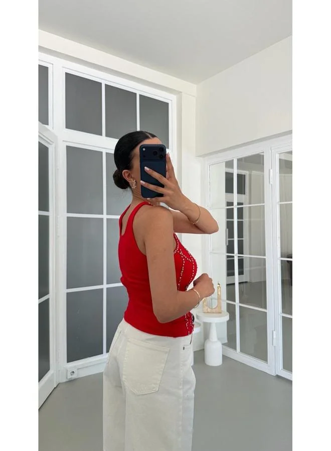 Gaus  Red ZR Model Stone-Studded Riveted Tank Top GAUS-01747. for Women | Best Price UAE
